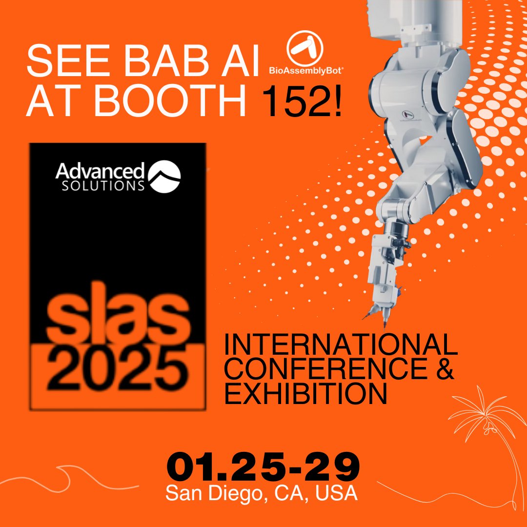 We’re counting down to #SLAS2025 next week! BAB, our BioAssemblyBot, has some awesome new AI software to show off, and we can’t wait to demo it at Booth 152. 

Will we see you there? 
#BioTech #AITechnology <a href="/SLAS_Org/">SLAS</a>