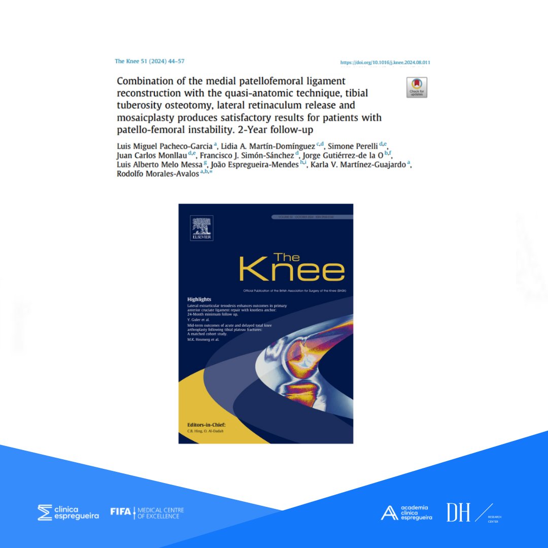 Ciência &amp; Clínica - #137

A Clínica Espregueira – FIFA Medical Centre of Excellence, apresenta um artigo que avalia a segurança e a eficácia da cirurgia combinada para o tratamento de instabilidade patelofemoral com lesão osteocondral.

Saiba mais em 👇
pubmed.ncbi.nlm.nih.gov/39236637/