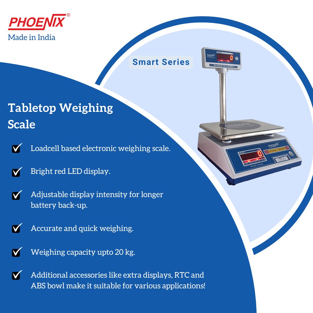 Phoenix_Nitiraj's tweet image. Phoenix SMART Series - Tabletop Weighing Scale!

For more details, visit : nitiraj.net/product/smart-… 

#tabletopweighingscale #weightmachine #phoenix #nitirajengineersltd