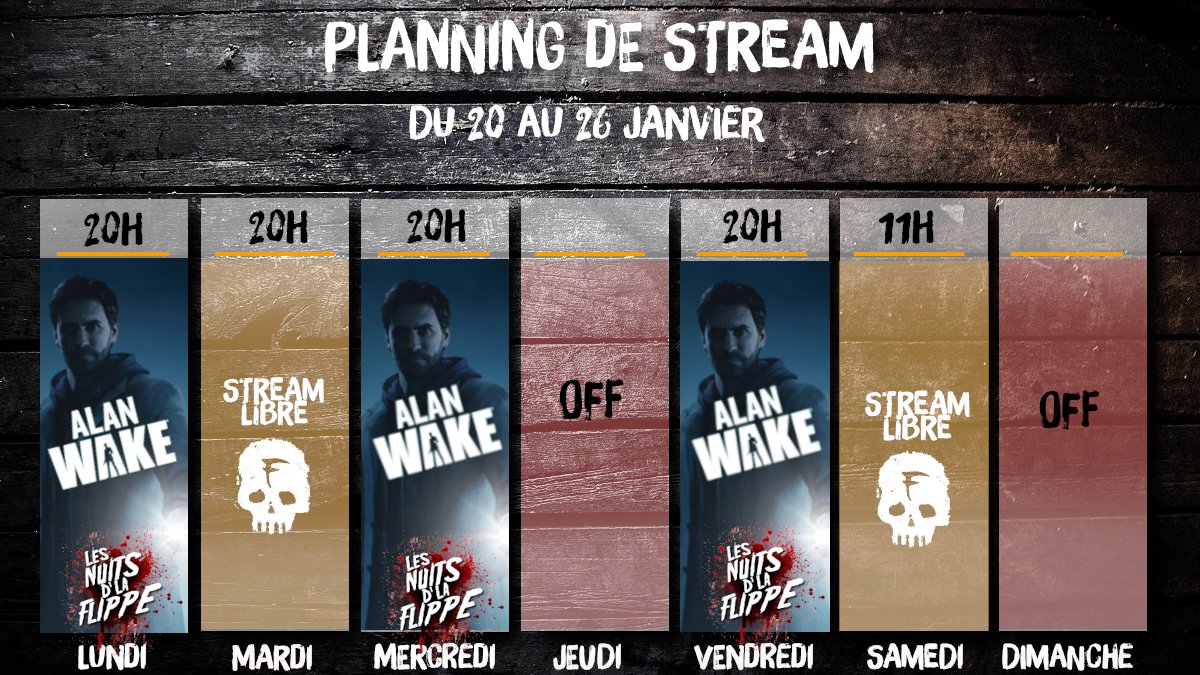 Le p'tit planning de la  semaine.
Cette semaine, en autres, on redécouvre le chef-d'oeuvre
#AlanWake .
et ca se passe ici :
👉 twitch.tv/captain_frakas