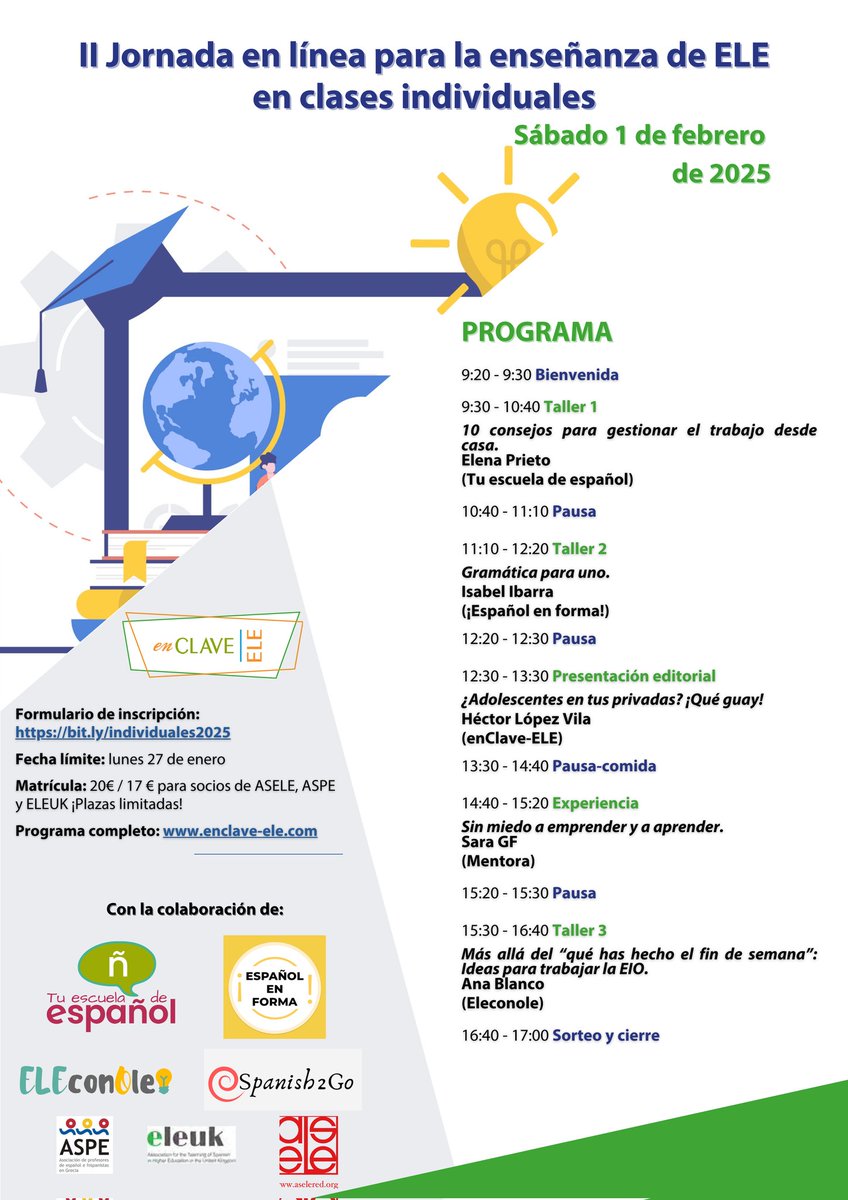 ¿Nos vemos el sábado 1️⃣ en las II #JornadasEnLínea para la enseñanza de #ELE en #ClasesIndividuales organizadas por <a href="/enclaveele/">enClave-ELE</a> ?
¡Tienes una semana más para apuntarte! 👏🏽👏🏽👏🏽
¡Toda la info aquí: enclave-ele.net/ii-jornada-en-… !
