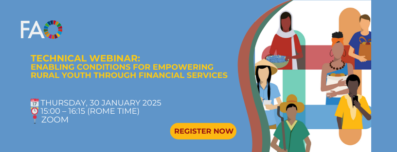Join FAO’s webinar: Rural Finance Labs – Empowering Rural Youth through Financial Services 

📅 30th Jan 2025
⏰ 15:00-16:15 Rome Time
🔗 Register: bit.ly/4gmNF3Q

💡 Topics:
-Barriers to financial inclusion
-Strategies for access
-Empowering youth for growth