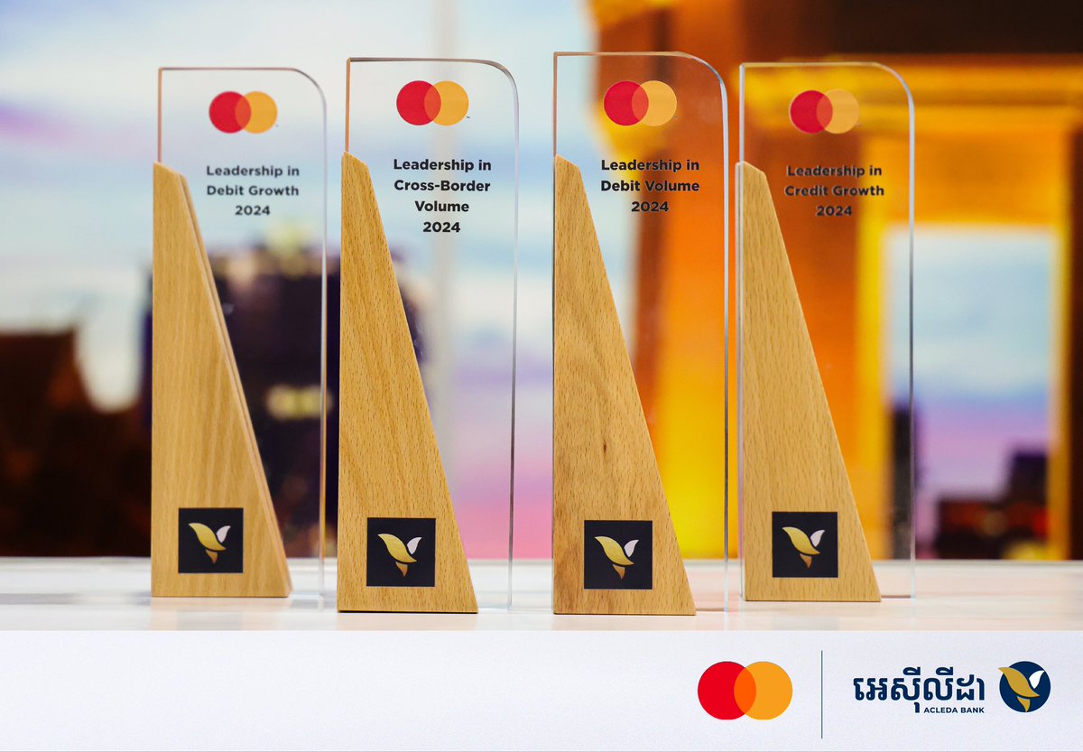 acledabankplc's tweet photo. ACLEDA Bank received four awards in 2024 from Mastercard.

- Leadership in Debit Volume
- Leadership in Cross-Border Volume
- Leadership in Debit Growth
- Leadership in Credit Growth

#ACLEDAaward #Mastercard #ACLEDAMastercard https://t.co/bpvu4gqcNm