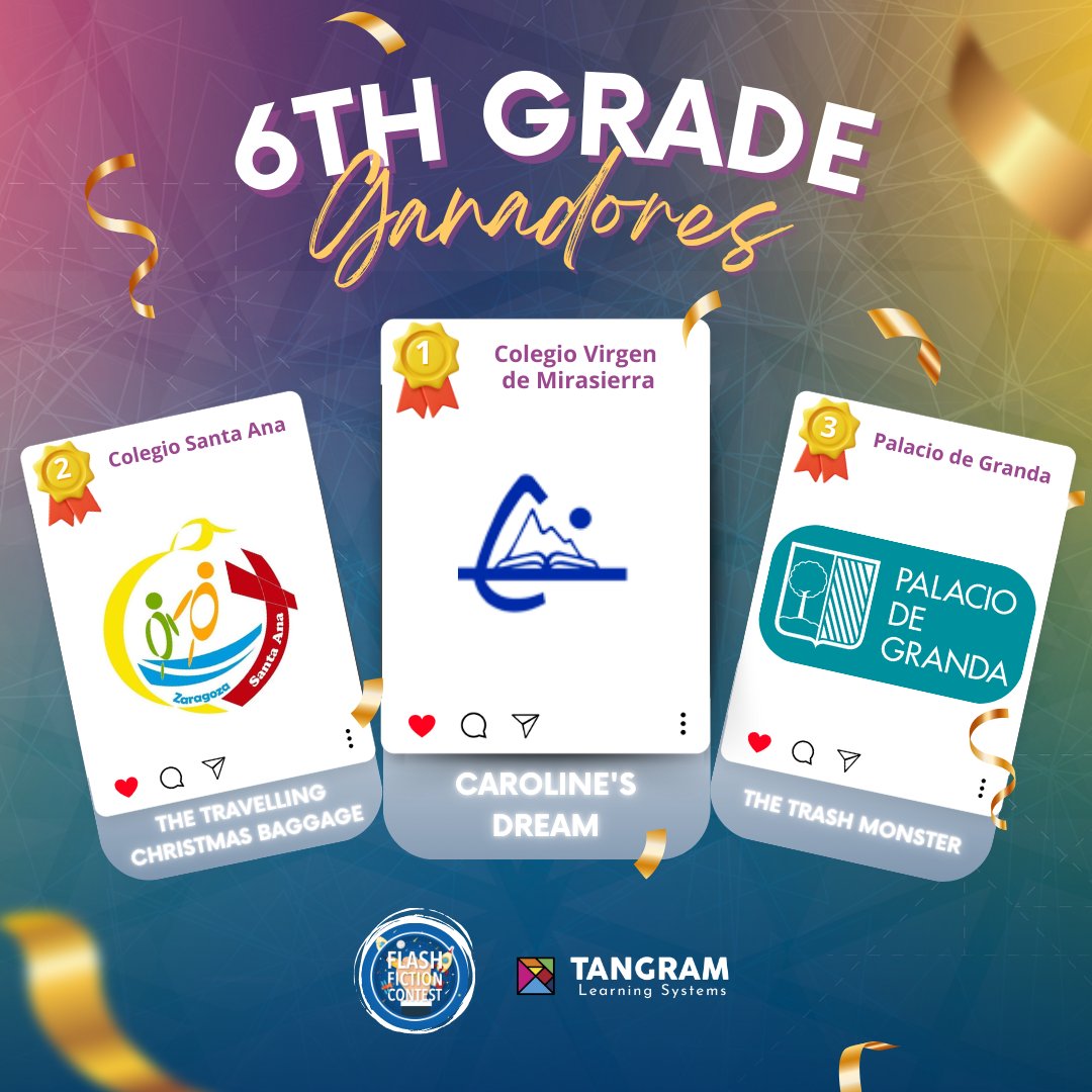 Tangram_LS's tweet image. 🏆 #FlashFictionContest

🥇@NtraSradeLaPaz | &quot;Robots in New York&quot;
🥈@colemontse | &quot;A day at New York&quot;
🥉@CDecroly | &quot;Charlie and the bird&quot;

🥇@VMirasierraSSCC | &quot;Caroline&apos;s Dream&quot;
🥈Colegio Santa Ana | &quot;The Travelling Christmas Baggage&quot;
🥉Palacio de Granda | &quot;The Trash Monster&quot;