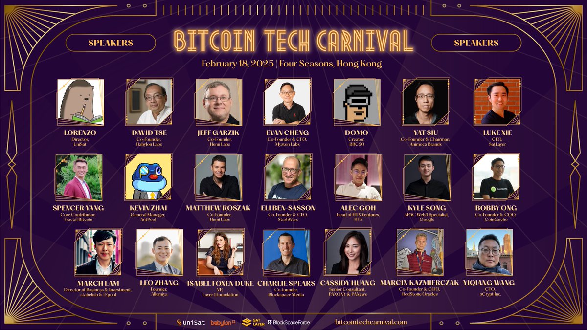 unisat_wallet's tweet photo. Presenting the first wave of speakers for the Bitcoin Tech Carnival! 🎪

Gathering the biggest, brightest, and boldest Bitcoin ecosystem builders, we will be discussing the latest developments in:
- Protocols
- Staking/Restaking
- Runes & Ordinals
- Interoperability
- Mining
- RWA
… and more!

Set in a fun and hands-on environment, join us as we break barriers and make a mark in the development of our Bitcoin ecosystem.

🎤 View our first wave of speakers:  https://t.co/TMvAhw5d2O

📅 Feb 18, 2025
📍 Four Seasons Hotel, Hong Kong
💡 Register here: https://t.co/Mp7TC2y4IU