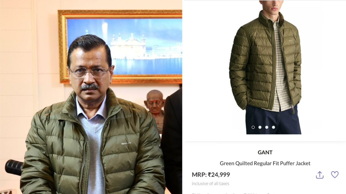 Mrsinha's tweet photo. Kejriwal 
-Wears an extra large shirt to project himself like a common man..
-Forgot to hide the brand name of his jacket &amp; end up exposing his real face.. https://t.co/ofh5UevB6L