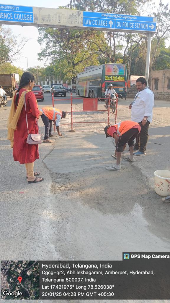 <a href="/VijayGopal_/">Vijay Gopal</a> <a href="/GHMCOnline/">GHMC</a> <a href="/CommissionrGHMC/">Commissioner GHMC</a> <a href="/gadwalvijayainc/">Vijayalaxmi Gadwal, GHMC MAYOR</a> <a href="/shoousity/">SHO OUSITY</a> <a href="/HYDTP/">Hyderabad Traffic Police</a> <a href="/osmania1917/">OSMANIA UNIVERSITY</a> <a href="/SrilathaMothe/">Mothe Srilatha Shoban Reddy</a> Sir inspected the complaint regarding left over Steel pole at OU road near Police Station Tarnaka and it is found that the Stretch not pertains to GHMC and it is Lifting Barrier Gate MS Pedastal used by OU Authorities for Road Blockage which is endangering safety of commuters.