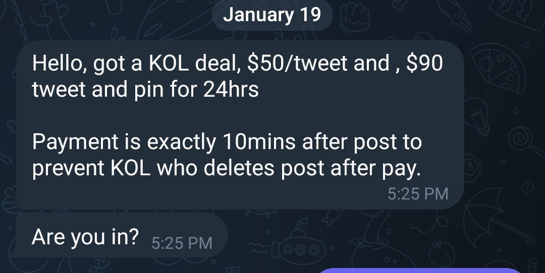 BIGBENFX1's tweet image. KOL deal 🚨

$50 per tweet and $90 Tweet + Pin

Pay is made exactly 10mins after post.

Interested persons should leave a comment below + Like + Retweet

I would send the contact's TG username in  Dm and you can reach out.

This could be a good play.

Tag a friend who should see.