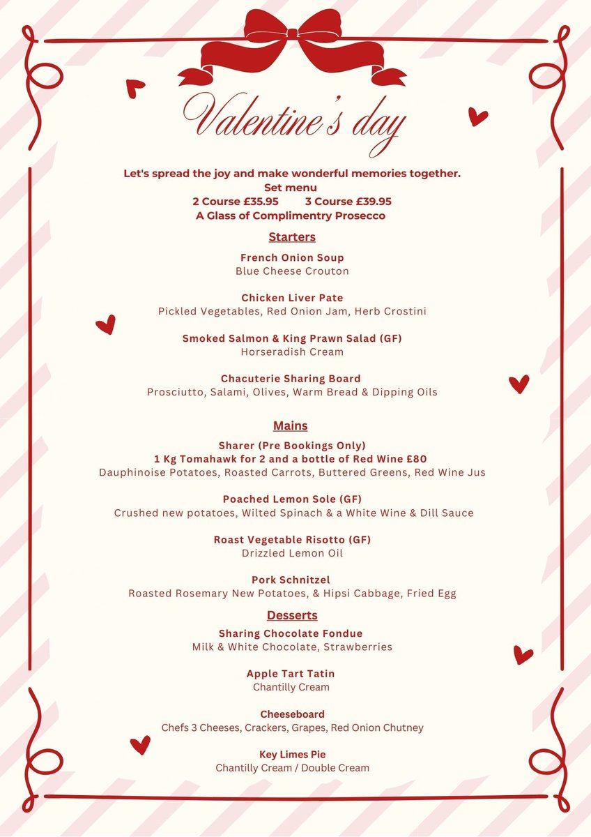 TheTouristTrail's tweet photo. ❤️ Celebrate Valentine’s Day at The Limes Hotel & Bar | Suffolk ❤️
🍽️ 2 Courses: £35.95 | 3 Courses: £39.95
🥂 Includes a complimentary glass of prosecco!
Find out how to book here: 🔗 https://t.co/J5xrT32YpI
#ValentinesDay #RomanticDinner #SuffolkDining #TheLimesHotel https://t.co/1u6iYNbCHi