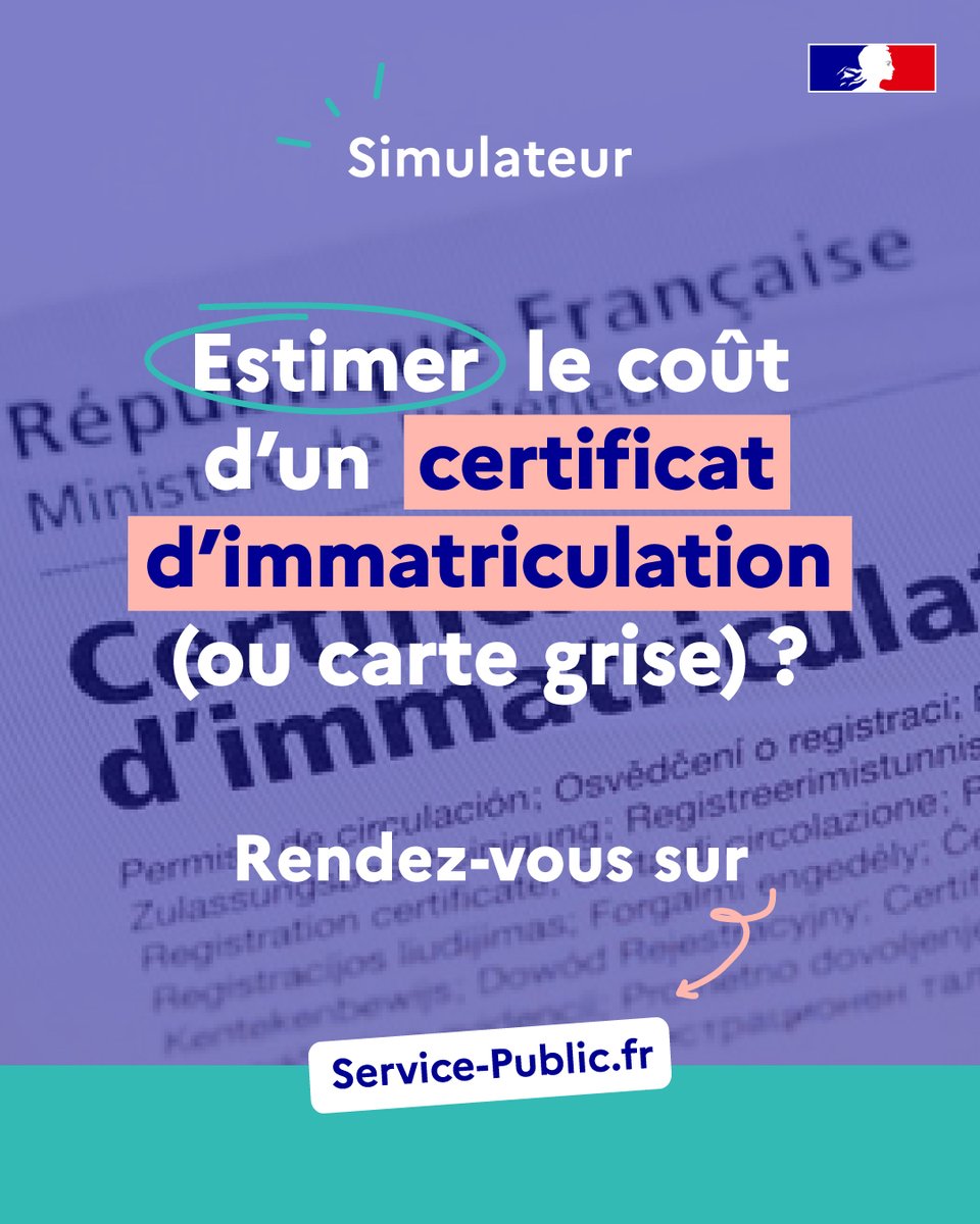 servicepublicfr's tweet image. 🚗 Coût d'un certificat d'immatriculation : simulateur de calcul à jour !

Service-Public.fr a développé un simulateur permettant d'estimer le coût de la carte grise :
🔗 service-public.fr/simulateur/cal… 

#cartegrise #certificatdimmatriculation #simulateur #cout #ServicePublicFr