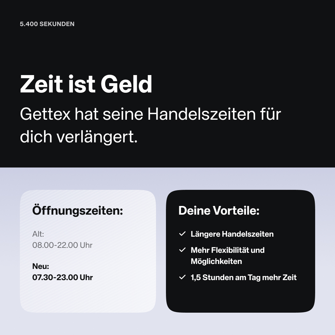 ScalableCapDACH's tweet photo. Zeit ist Geld – und wir geben dir mehr davon. ⏰ 

Ab sofort stehen dir 1,5 Stunden zusätzlich zum #Handeln mit #Gettex zur Verfügung.

#ScalableCapital https://t.co/3eYS6vrY4m