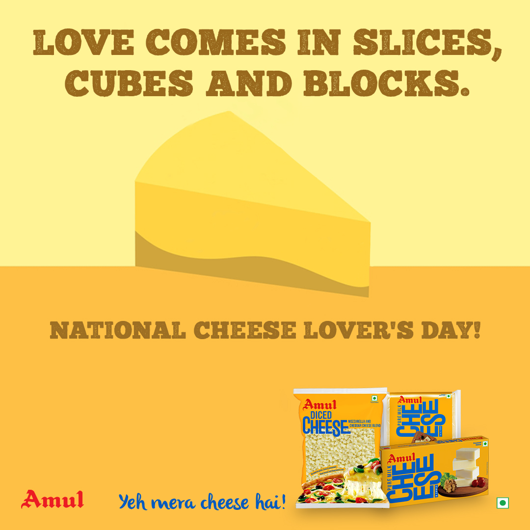 Amul_Coop's tweet photo. Our varieties of cheese will always leave you craving for more. So, go ahead, cheese it all!
#AmulCheese #YehMeraCheeseHai #NationalCheeseLoversDay #AmulIndia https://t.co/C5kn6gravF
