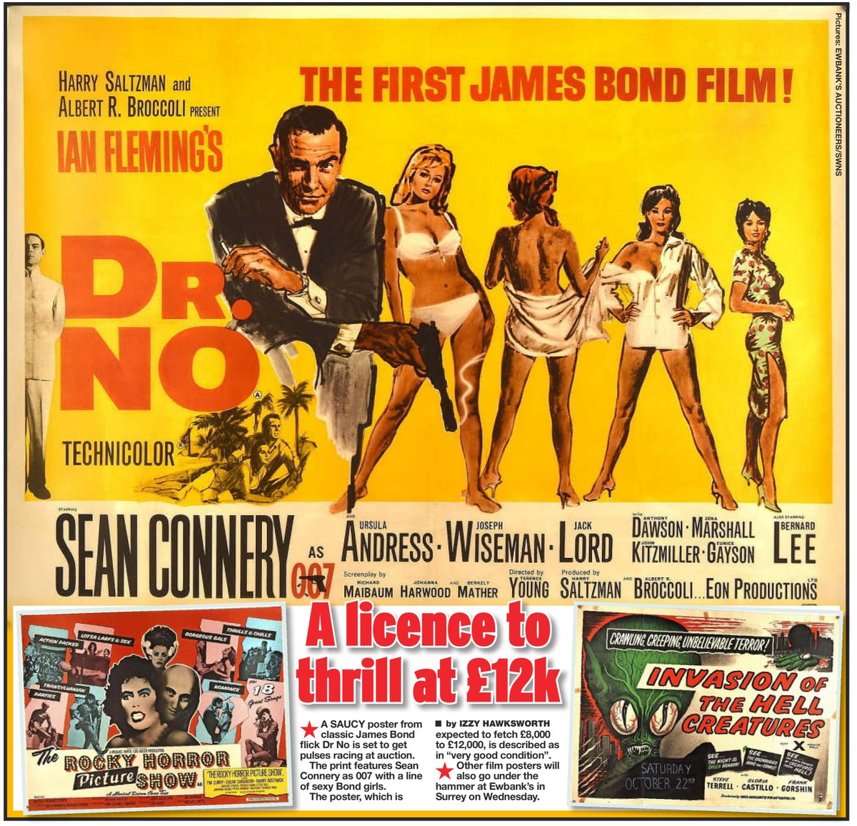 SWNS Leeds (@swnsleeds) on Twitter photo A saucy poster from classic James Bond flick Dr No is set to get pulses racing at auction.
The print features Sean Connery as 007 with a line of sexy Bond girls and is expected to fetch ยฃ8,000 to ยฃ12,000.
๐- <a href="/izzy_hawksworth/">Izzy Hawksworth</a> A saucy poster from classic James Bond flick Dr No is set to get pulses racing at auction.
The print features Sean Connery as 007 with a line of sexy Bond girls and is expected to fetch ยฃ8,000 to ยฃ12,000.
๐- <a href="/izzy_hawksworth/">Izzy Hawksworth</a>