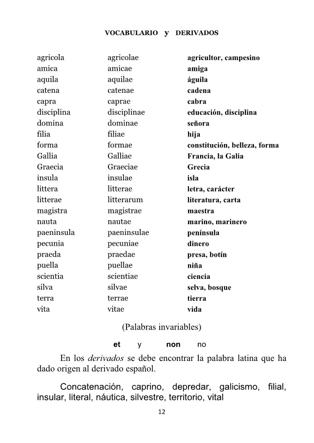 Una  muestra  cómo aparece  el vocabulario y los derivados en nuestras  NOCIONES  DE  LENGUA LATINA...