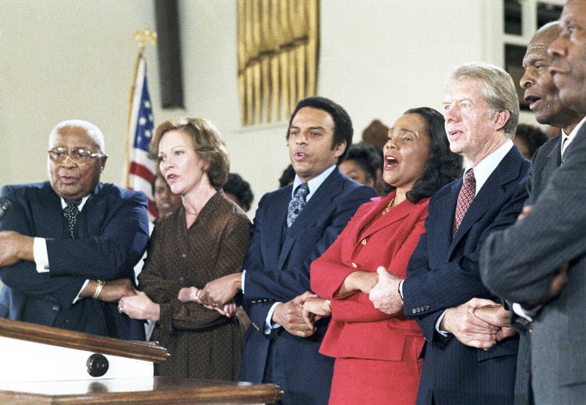 Today we remember Dr. Martin Luther King, Jr.  Someone President Carter deeply admired. On 1/14/79 President and Mrs. Carter took part in a service at Ebenezer Baptist Church with Daddy King, Coretta Scott King, Andy Young, and others. NAID 18300 #Heroes #CivilRights #Leaders