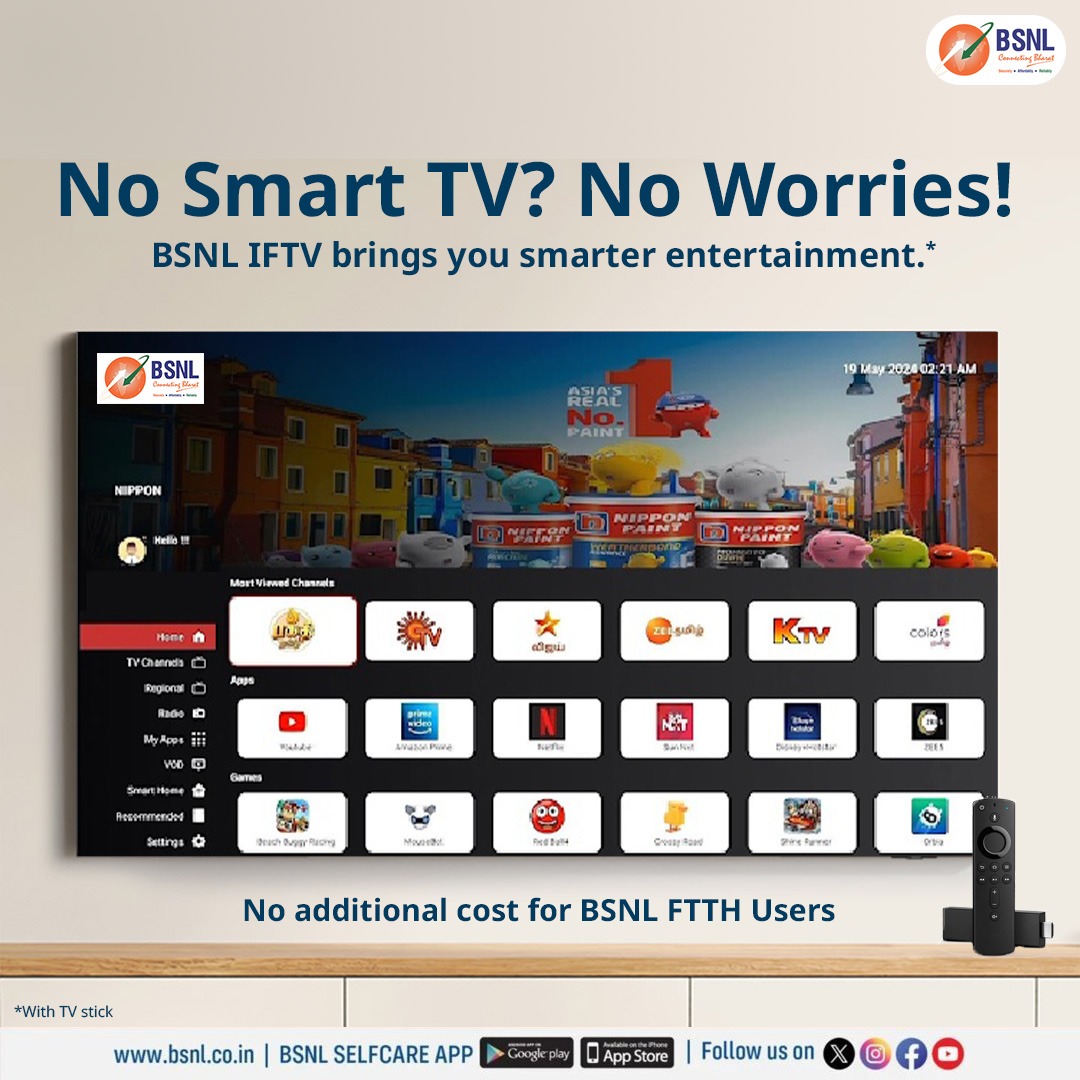 BSNL_HP's tweet photo. No Smart TV? No Problem! Turn any screen into a limitless streaming hub. Access #bsnliftv  on your regular TV with TV stick and enjoy 500+ channels.
#streamlimitless #bsnlhimachal #BSNLIFTV https://t.co/ZZw4qx4KAY