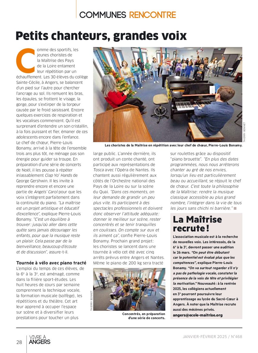 Merci à Mathilde Cesbron et au magazine "Vivre à Angers" <a href="/Angers/">Ville d'Angers</a> pour ce bel article sur la Maîtrise ! Retrouvez l'édition Janv-Fév 2025 pour en apprendre plus sur nos futurs projets.

La Maîtrise recrute toujours ! Pour nous rejoindre : site internet 😁

#angers #CultureAngers