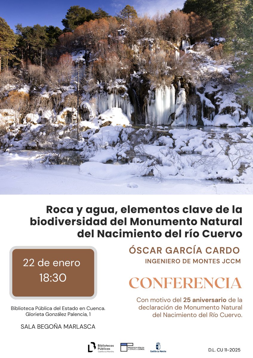 Este miércoles 22 de enero a las 18:30, estupenda conferencia de Óscar García Cardo: "Rocas y agua, elementos clave de la biodiversidad del Monumento Natural del Nacimiento del Río Cuervo" con la que seguimos conmemorando los 25 años de su declaración.
🏞️💦