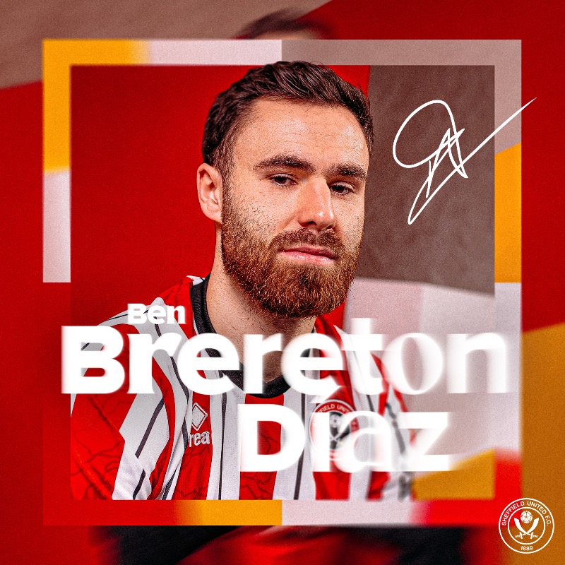 SheffieldUnited's tweet photo. United can confirm the return of popular forward Ben Brereton Diaz on loan from Premier League Southampton 🤝