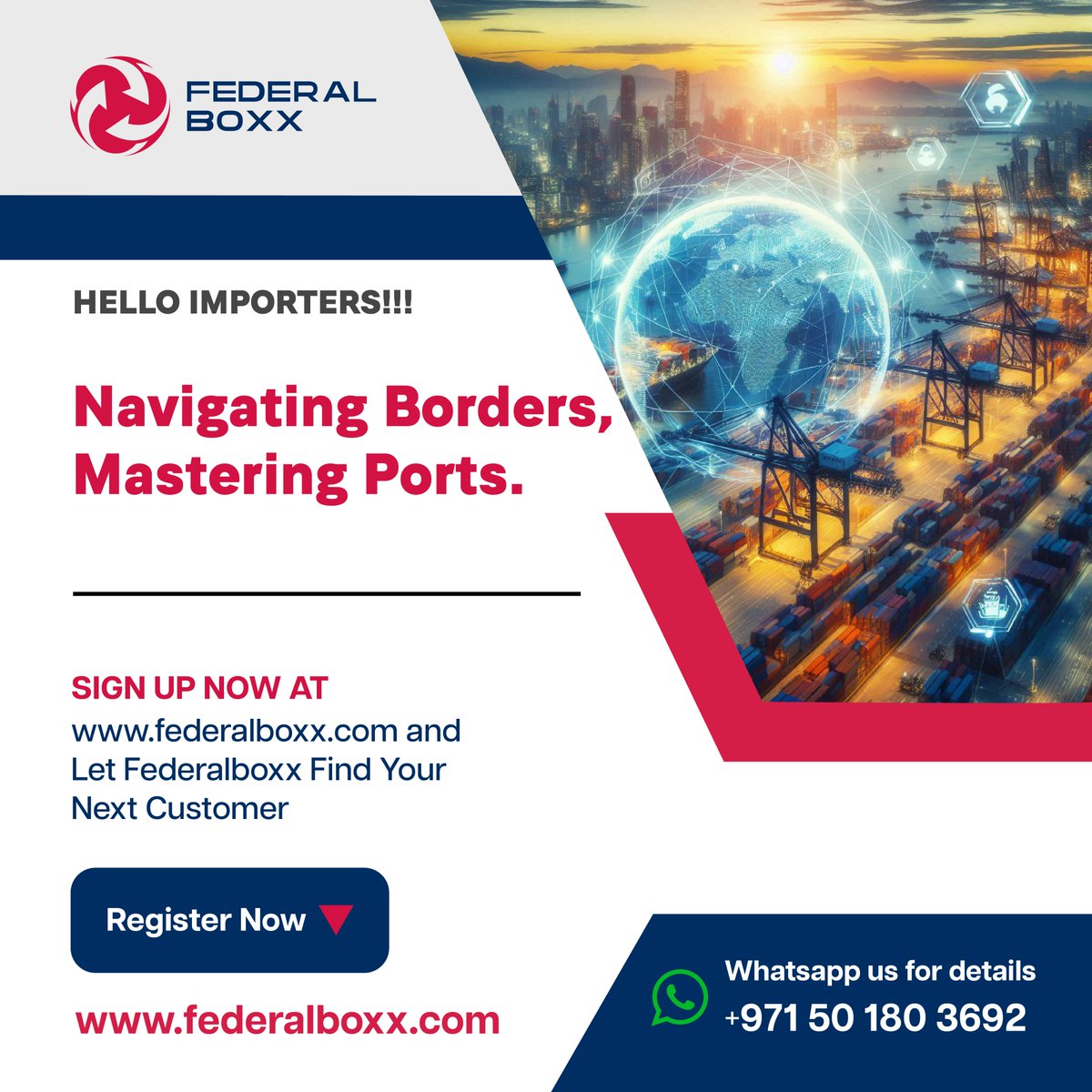 federalboxx's tweet photo. 🚢 Navigating Borders, Mastering Ports!
Grow your import business with Federal Boxx—tailored solutions for seamless global trade.
📩 Sign up now: https://t.co/f5OcYFu5xt
📞 WhatsApp us: +971 50 180 3692

#ImportSolutions #GlobalLogistics #TradeOptimization https://t.co/7FlQtSWFeu