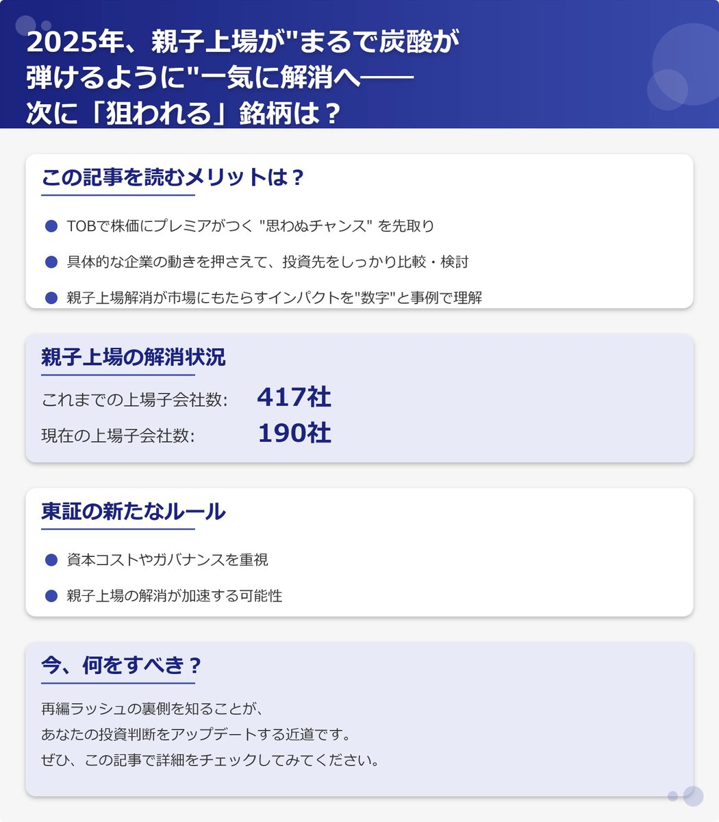rSu8bySbnrSIDPX's tweet photo. 2025年、親子上場が“まるで炭酸が弾けるように”一気に解消へ――次に「狙われる」銘柄は？

「最近、PBR1倍を下回る企業が次々と“お買い得”と騒がれているけれど、実はその先にもっと大きな再編の波が来そうです。

なぜなら、2025年をめどに『親子上場の解消』が一気に進むと見込まれているから。

これまで417社あった上場子会社は190社まで減ったと聞くと、“もう何が起きても不思議じゃない”と思いませんか？」

この記事を読むメリットは？

TOBで株価にプレミアがつく “思わぬチャンス” を先取り

具体的な企業の動きを押さえて、投資先をしっかり比較・検討

親子上場解消が市場にもたらすインパクトを“数字”と事例で理解

東証が資本コストやガバナンスを重視する新たなルールを求めている今、親子上場の解消がまるで炭酸の泡が弾けるように加速するかもしれません。

「どこが再編に乗り出すのか？」「低PBRが本当に“割安放置”なのか？」――気になる方は、記事を読み進めて、最新の動きを見逃さないようにしてください。

今、何をすべき？
まずはこの再編ラッシュの裏側を知ることが、あなたの投資判断をアップデートする近道です。ぜひ、この記事で詳細をチェックしてみてください。

【期間限定】この投稿をリポストすると無料で記事を読むことができます。
＝＝＝＝＝＝＝＝＝＝＝＝＝＝
2025年、親子上場解消が本格化、PBR１倍割れの次に狙われる銘柄を探す | きらくの個別株観測所 @rSu8bySbnrSIDPX #note https://t.co/I2ION4u95w
＝＝＝＝＝＝＝＝＝＝