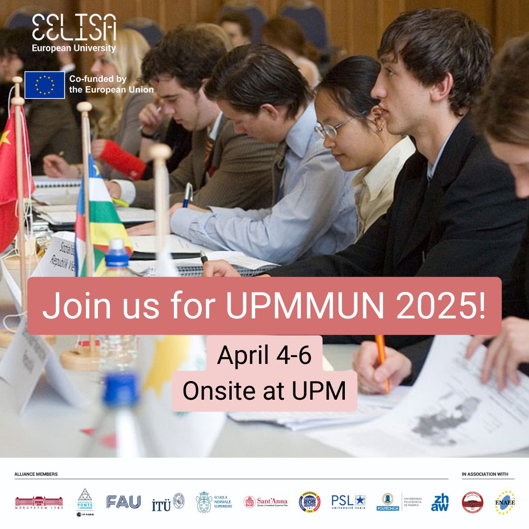 EELISA European University Alliance (@eelisa_eu) on Twitter photo Join us for the Model of United Nations (MUN) at <a href="/La_UPM/">Universidad Politécnica de Madrid</a> from April 4–6, and represent a nation in UN-style debates.
📅Fill out the application form and submit it by:
EELISA students (non-UPM): Jan. 20.
UPM and other participants: Feb. 20.
Learn more at eelisa.eu/events/join-us… Join us for the Model of United Nations (MUN) at <a href="/La_UPM/">Universidad Politécnica de Madrid</a> from April 4–6, and represent a nation in UN-style debates.
📅Fill out the application form and submit it by:
EELISA students (non-UPM): Jan. 20.
UPM and other participants: Feb. 20.
Learn more at eelisa.eu/events/join-us…