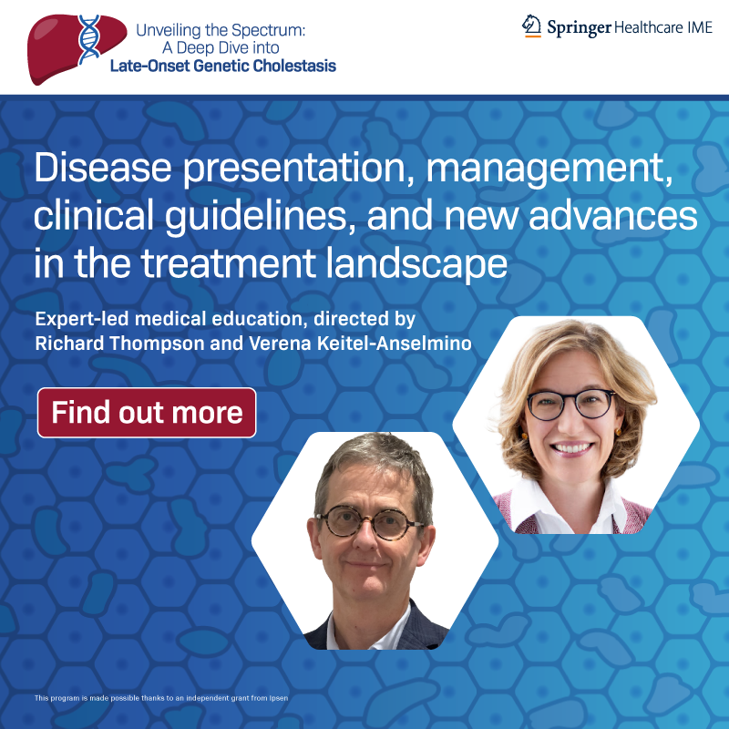 SpringerIME's tweet photo. Are you confident in your ability to effectively recognise and diagnose late-onset genetic cholestasis?

Explore this free expert-led program and discover resources providing education on the latest developments in disease presentation, the importance of genetic testing, and more