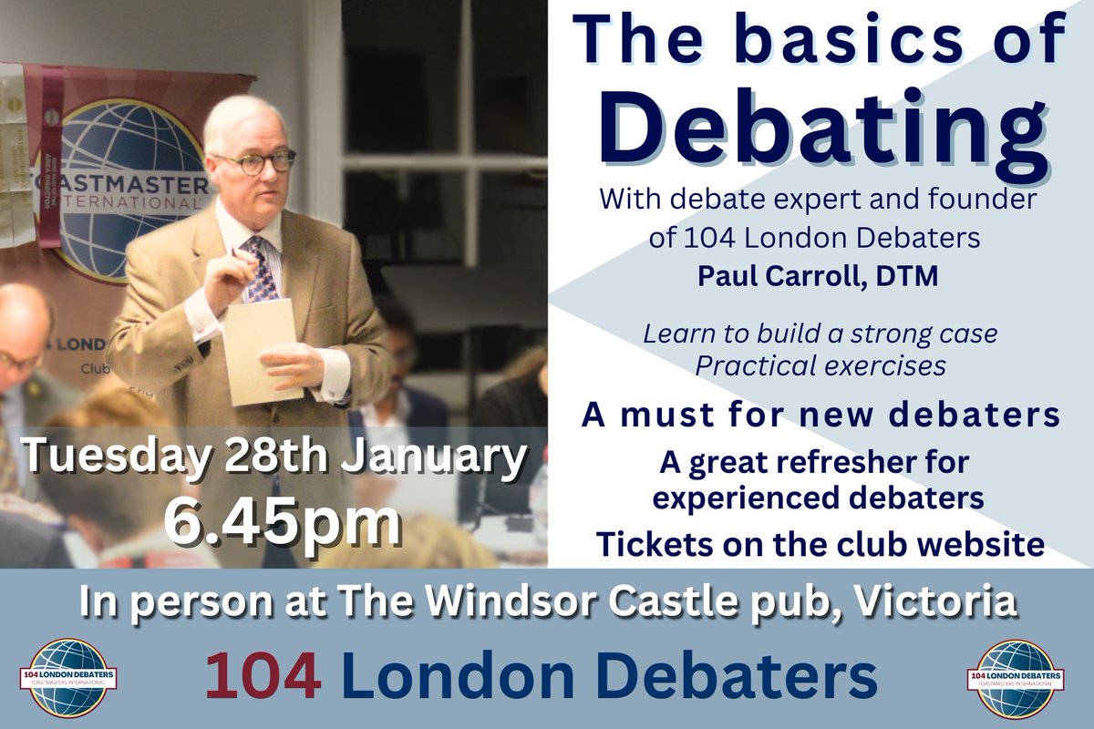 104debaters's tweet photo. Do you want to learn how the art of #rhetoric can help you be more persuasive?

There is no better place to start than with #debate expert and distinguished #Toastmaster Paul Carroll at 104 London Debaters.

BOOK HERE: https://t.co/4F51TTScqL https://t.co/EJECUcedAj