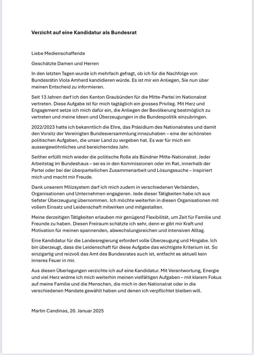 martin_candinas's tweet photo. So einzigartig und reizvoll das Amt des Bundesrates auch ist, entfacht es aktuell kein inneres Feuer in mir. Deshalb verzichte ich auf eine Kandidatur. Mit Verantwortung, Energie und Herz widme ich mich weiterhin meinen vielfältigen Aufgaben und meiner Familie. @Mitte_Centre https://t.co/j0SXsCfDqb