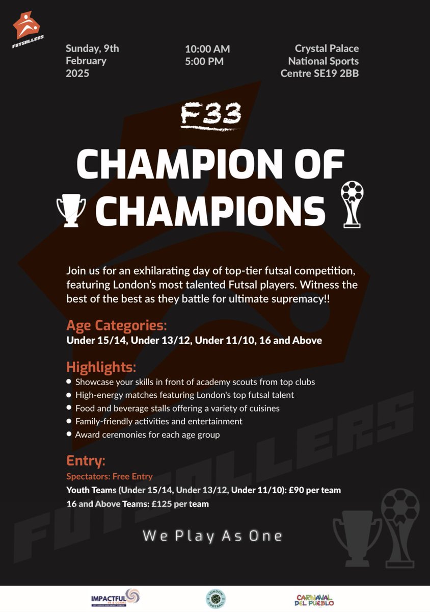 🚨🏆 The F33 Champions Cup is HERE🏆🚨

Get ready for our first epic event of 2025 - the F33 Champions Cup! 🎉🔥 

The first ULTIMATE futsal showdown of the year between the best young futsal players London have to offer!