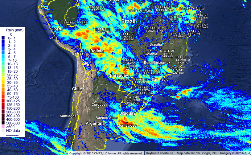portalmeteo's tweet photo. #precipitaciones #lluvias acumuladas. Valores #estimados calculados apartir de percepción remota satelital durante las ultimas 24 horas entre las 08 horas local (11:00UTC) del #Domingo19 y las 08 horas local de hoy #Lunes20 #Enero2025 #CHRS #IU #CA #USA Los valores estimados suelen diferir con valores exactos puntuales registrados con pluviómetros; la distribución espacial es cercana a la real. @UCIrvine @portalmeteo @GabrielMeteo