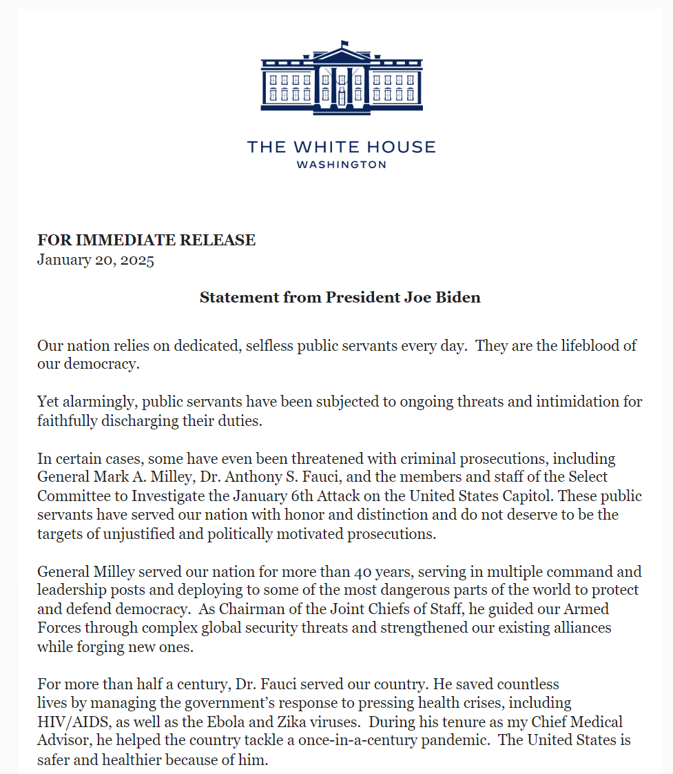 josh_wingrove's tweet image. NEW: Biden pardons Fauci, Milley and members of Congress and staff who served on the Jan. 6 Select Committee, as well as police officers who testified before the committee.