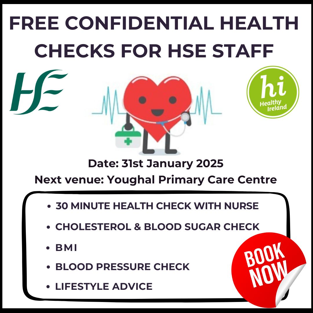 📰🩺 HSE Staff health checks are back, the next one takes place In Youghal Primary Care Centre on January 31st. Book now at bookwhen.com/health-and-wel…