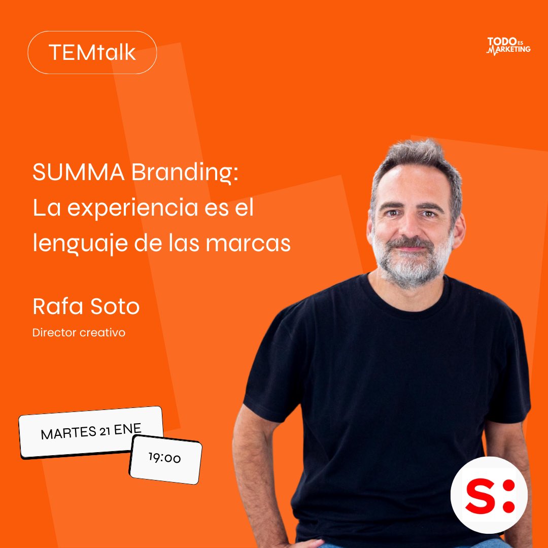 ¡Mañana toca nuevo TEMazo! 🚀

Viene Rafa Soto, director creativo de <a href="/summabranding/">Summa Branding</a>, a hablarnos de marcas y del trabajazo que hacen.

Si no estás en TEM estás siempre a un clic de apuntarte y llegar a tiempo de escucharlo todo 🤓