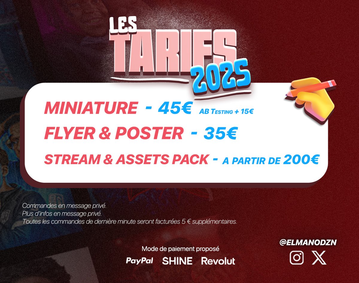 🚨 Besoin d'une miniature ou d'un pack pour vos streams ? 🚨
Elmano est là pour ça ! 🎨🔥

💰 Découvrez mes tarifs 2025 💰
👉 DM-moi et démarquez vous dès maintenant !

#Graphiste #Streaming #Miniature #Twitch #YouTube
