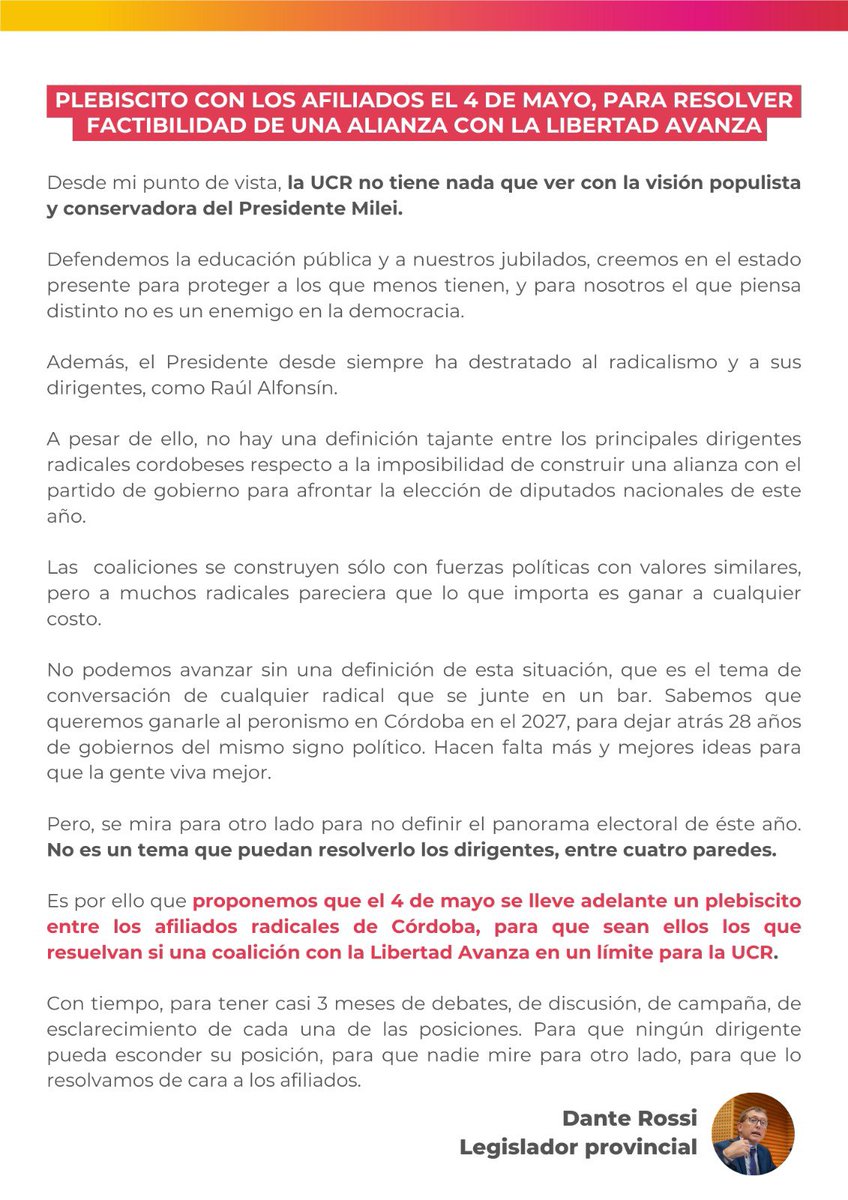 Proponemos al Presidente de la UCR <a href="/ferrermarcos/">Marcos Ferrer</a> que se haga un plebiscito el 4 de mayo para que los afiliados radicales decidan sobre una posible alianza con La Libertad Avanza. ¡Es hora de debatir y definir nuestro rumbo entre todos, y sin que nadie esconda su posición!