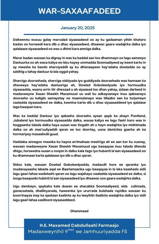Ibrahim44097111's tweet photo. "Madaxweyne Xasan Sheekhoow talada dhexda dhig, horseedna ha u noqon in dalku uu kala tago iyo hubanti la'aan siyaasadeed oo ku dhammaan karta qalalaase iyo dib u dhac qaran".

Maxamed Cabdullaahi Farmaajo Madaxweynihii hore ee Soomaaliya. https://t.co/CDTKRL7S3G