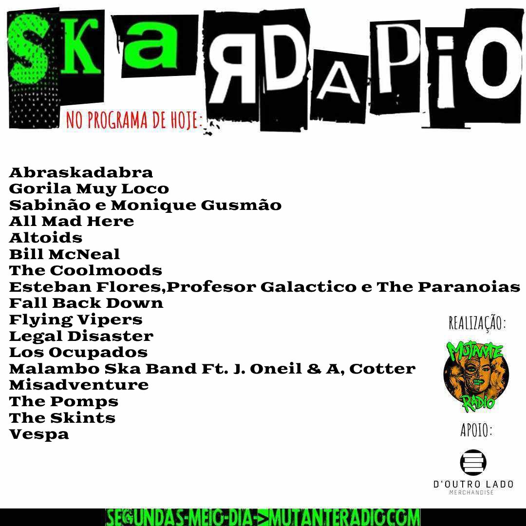 No ar hoje na <a href="/mutante_radio/">Mutante Radio</a> a partir do meio-dia a edição 155 do Skardapio, na pequena volta ao mundo semanal com sons vindos da  🇦🇷, 🇧🇷, 🇨🇦, 🇨🇱, 🇩🇰, 🇺🇸, 🏴󠁧󠁢󠁥󠁮󠁧󠁿, 🇵🇱 e 🇨🇿, ouçam em mutanteradio.com, playlist de hoje (descrição imagem)👇:

Sigam @skardapio (Instagram/Threads)