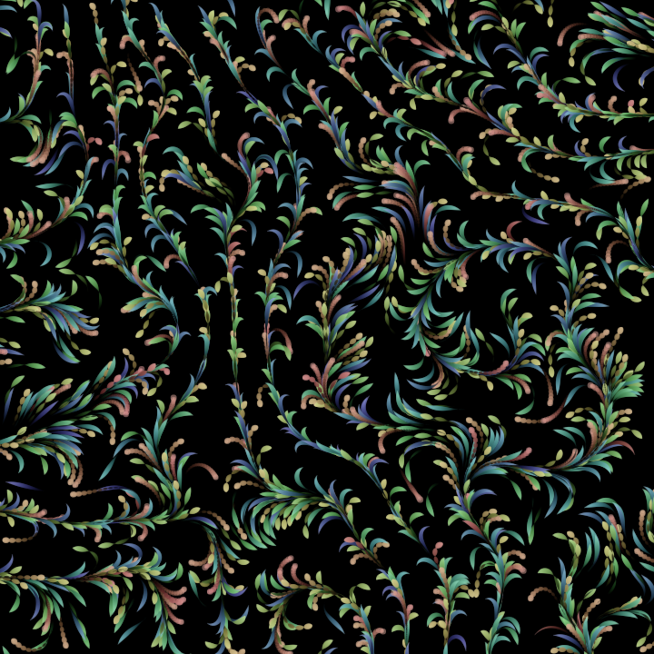 Hau_kun's tweet photo. setup=_=>{createCanvas(W=720,W)
R=random
colorMode(HSB)
background(0)
noStroke()
for(i=0;i<2e3;i++){X=R(W)
Y=R(W)
D=R(16)
C=D*15
for(j=0;j<60;j++)fill(C,30+j,90-j*2,.5)+circle(X+=cos(A=noise(X/W,Y/W)*99),Y+=sin(A),(7-j/9)*sin(j/D))}}
#つぶやきProcessing https://t.co/n2pu86JAvQ