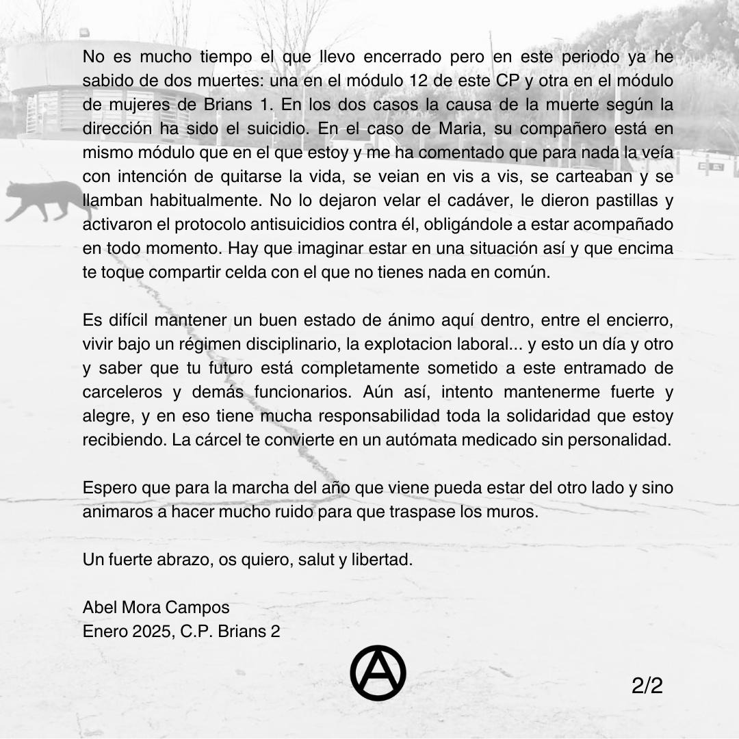 A casi 8 meses de encierro

📝 Palabras del prisionero anarquista #LlibertatAbel en motivo de la marcha a Brians.

🤬 Denuncia al entramado carcelario que está retrasando los permisos y las últimas muertes en el CP

<a href="/justiciacat/">Justícia</a> sacad vuestras manos de nuestros compas!!