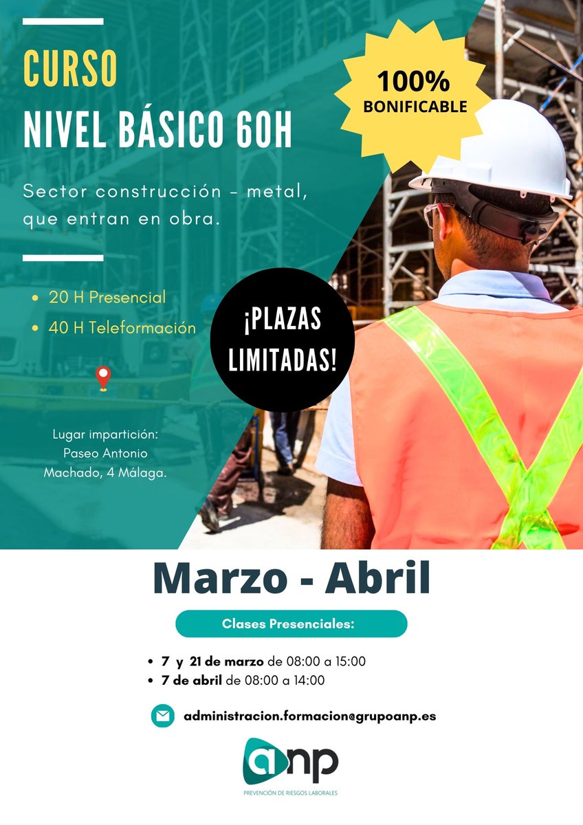 GrupoAnp's tweet photo. Próximos cursos convenio construcción - metal
📍 Lugar: Paseo Antonio Machado 4, Málaga.
✔️ 100% Bonificable
⏳ ¡Plazas limitadas!
¿Estás interesado/a? RESERVA en el tlf o correo que aparece aquí ⬇️
#Nivelbasico #cursoprl #prevencion #malaga https://t.co/XVx0Uuxzfx
