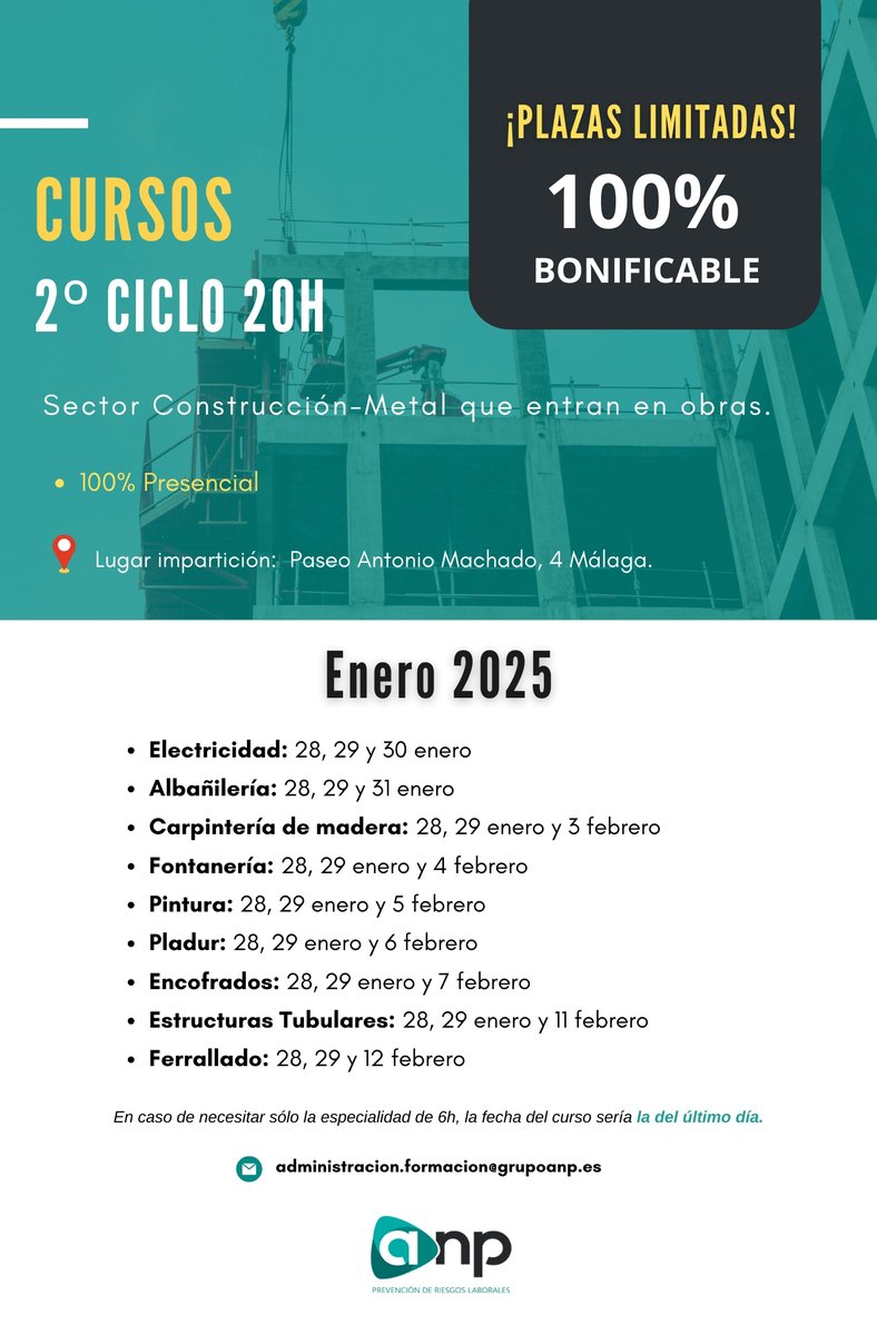 GrupoAnp's tweet photo. Próximos cursos convenio construcción - metal
📍 Lugar: Paseo Antonio Machado 4, Málaga.
✔️ 100% Bonificable
⏳ ¡Plazas limitadas!
¿Estás interesado/a? RESERVA en el tlf o correo que aparece aquí ⬇️
#Nivelbasico #cursoprl #prevencion #malaga https://t.co/XVx0Uuxzfx
