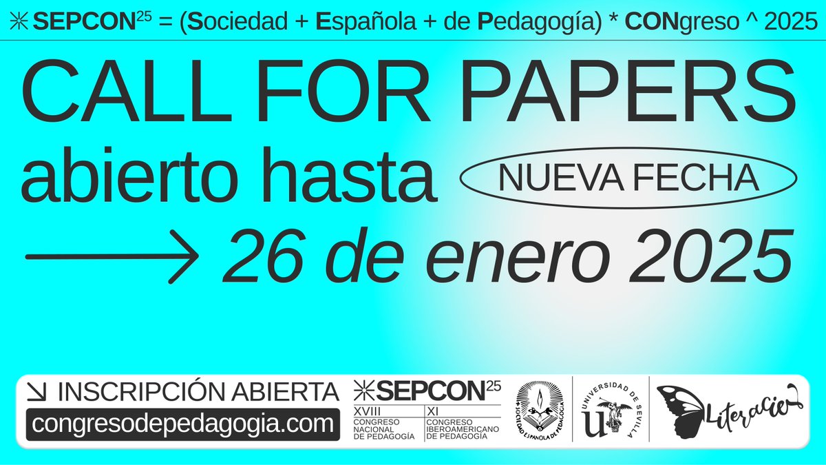 📣 ¡Últimos días para enviar tus propuestas al Congreso SEPCON25!

🗓 16, 17 y 18 de junio de 2025
📍 @educacionUS

📌 Plazo límite para el envío de comunicaciones, simposios y pósteres:
➡️ 26 de enero de 2025

🔗 Más información: buff.ly/4gLXt8j

#SEPCON25 #Educación