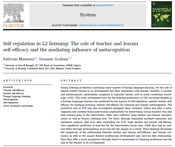 Keltoum Mansouri, PhD كلثوم منصوري (@keltoumansouri) on Twitter photo Thrilled to share that our latest article, co-authored with Professor <a href="/SuzanneJaneGrah/">Suzanne Graham</a>, has been published in System!
It’s available for open access here: sciencedirect.com/science/articl…
#L2listening #selfefficacy #metacognition #selfregulation #Mediation Thrilled to share that our latest article, co-authored with Professor <a href="/SuzanneJaneGrah/">Suzanne Graham</a>, has been published in System!
It’s available for open access here: sciencedirect.com/science/articl…
#L2listening #selfefficacy #metacognition #selfregulation #Mediation