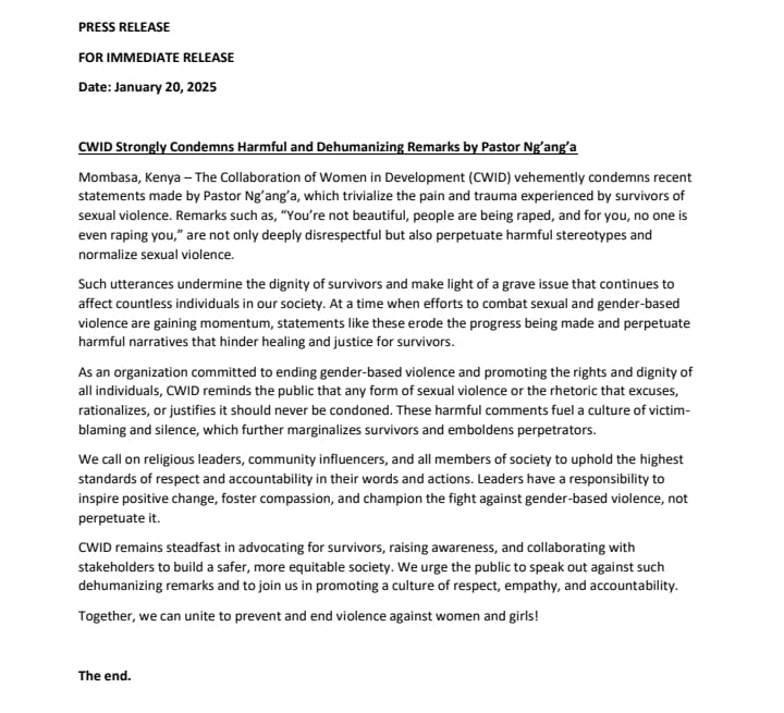Cwid4Cwid's tweet photo. Words hold power. Harmful statements like those made by Pastor Ng’ang’a perpetuate violence and invalidate survivors' experiences. Let’s stand united against such rhetoric. #CWIDGEnder #EndSGBV #RespectSurvivors https://t.co/3sQhgvElwh