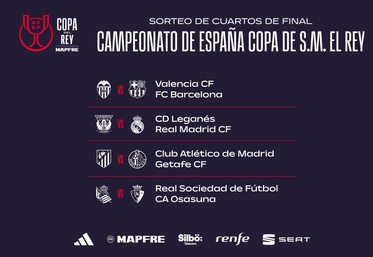 ChaMaRockRadio's tweet photo. ASÍ QUEDAN DEFINIDOS LOS 𝗖𝗥𝗨𝗖𝗘𝗦 𝗗𝗘 𝗖𝗨𝗔𝗥𝗧𝗢𝗦 DE FINAL DE LA COPA DEL REY DE ESPAÑA.

📆 Es a partido único y se jugarán los días 4, 5 y 6 de febrero. https://t.co/IG5D117ufX