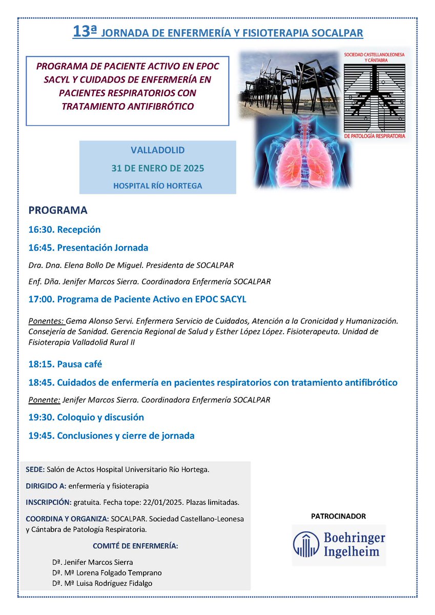 📣 Últimos días para inscribirse a la 13ª Jornada de Enfermería y Fisioterapia en el Hospital Río Hortega de #Valladolid del próximo 31 de enero.    

Inscripciones abiertas hasta el próximo miércoles 22. ➡️form.jotform.com/243531380278356 

#Enfermería #fisioterapia #EPOC