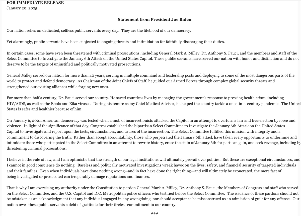 kyledcheney's tweet photo. Biden's full statement on the preemptive pardons. Unclear if any/all of them will be accepted. No list of names or specifics appended. Also, this would remove 5th Amendment immunity if Congress subpoenas them. https://t.co/G9RvZmu0Eu