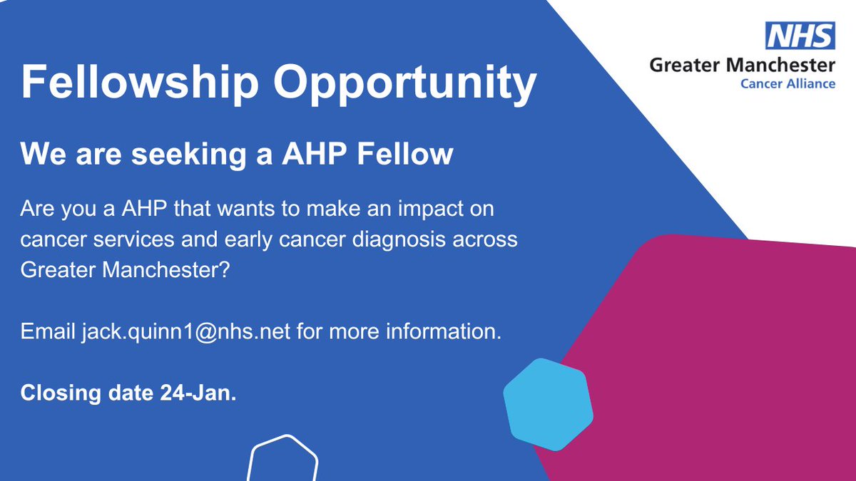 Join our team!

We’re looking for an AHP working in primary or community care to join the team as an AHP Fellow. This role will involve leading projects, developing education and working on initiatives that enhance cancer care.

Email jack.quinn1@nhs.net for more information