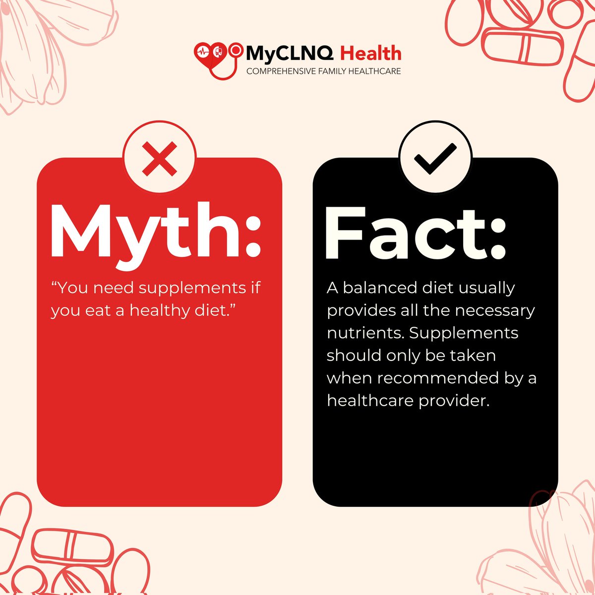 myclnq's tweet photo. Can a healthy diet replace supplements? Yes! A balanced #Diet packed with #fruits, #vegetables, #proteins, and whole #grains provides most of the #nutrients your body needs. #supplements are only necessary when recommended by a #healthcare professional.  

#healthydiet #nutrition https://t.co/a5wCCNXgb7